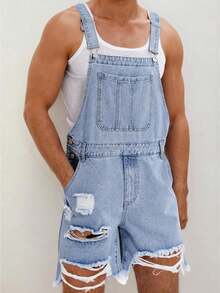 Men Denim Bib Overalls Shorts Adjustable Straps Front Pocket Romper Ripped Jeans Jumpsuit - Baby Blue - View 1