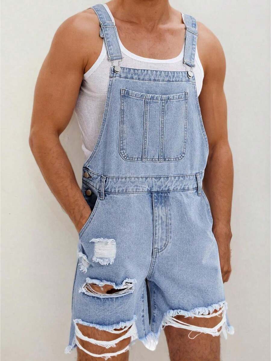 Men Denim Bib Overalls Shorts Adjustable Straps Front Pocket Romper Ripped Jeans Jumpsuit - Baby Blue - View 1