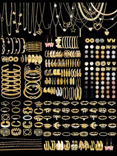 35/47/50/71/87pcs Bohemian Style Jewelry Set, Including Earrings, Necklaces, Rings, Bracelets With Heart, Twist, Butterfly, Geometric, Wave Patterns, Versatile Accessory Combination Set For Women, Random Styles