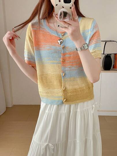 Cárdigan de punto de manga corta con contraste de degradado de puesta de sol, cuello redondo de un solo botonadura, delgado y transpirable para uso diario, para mujer, para vacaciones de verano