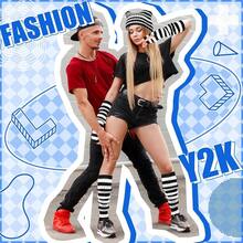 Y2k Crochet Beanie Hats Knitted Striped Arm And Leg Warmers Cat Beanie Accessories For Women - 黑白 - 查看 6
