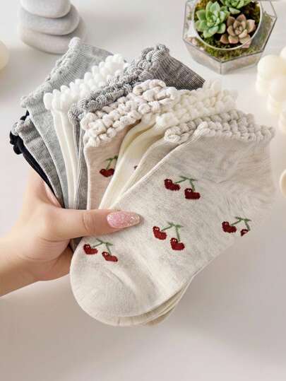5 Pairs Girls' Cute Cherry Pattern Ruffle Trim Ankle Socks, Fashion Ins Style Comfortable White Socks, Random Color, Suitable For All Seasons