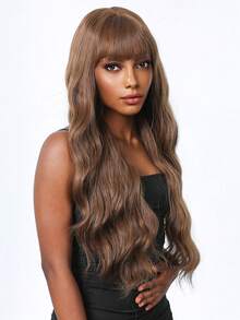 Peluca sintética de cabello largo y rizado con flequillo de 30 pulgadas con reflejos - Peluca resistente al calor de aspecto natural para uso diario, fiestas, citas y cosplay - Marrón - Ver 2