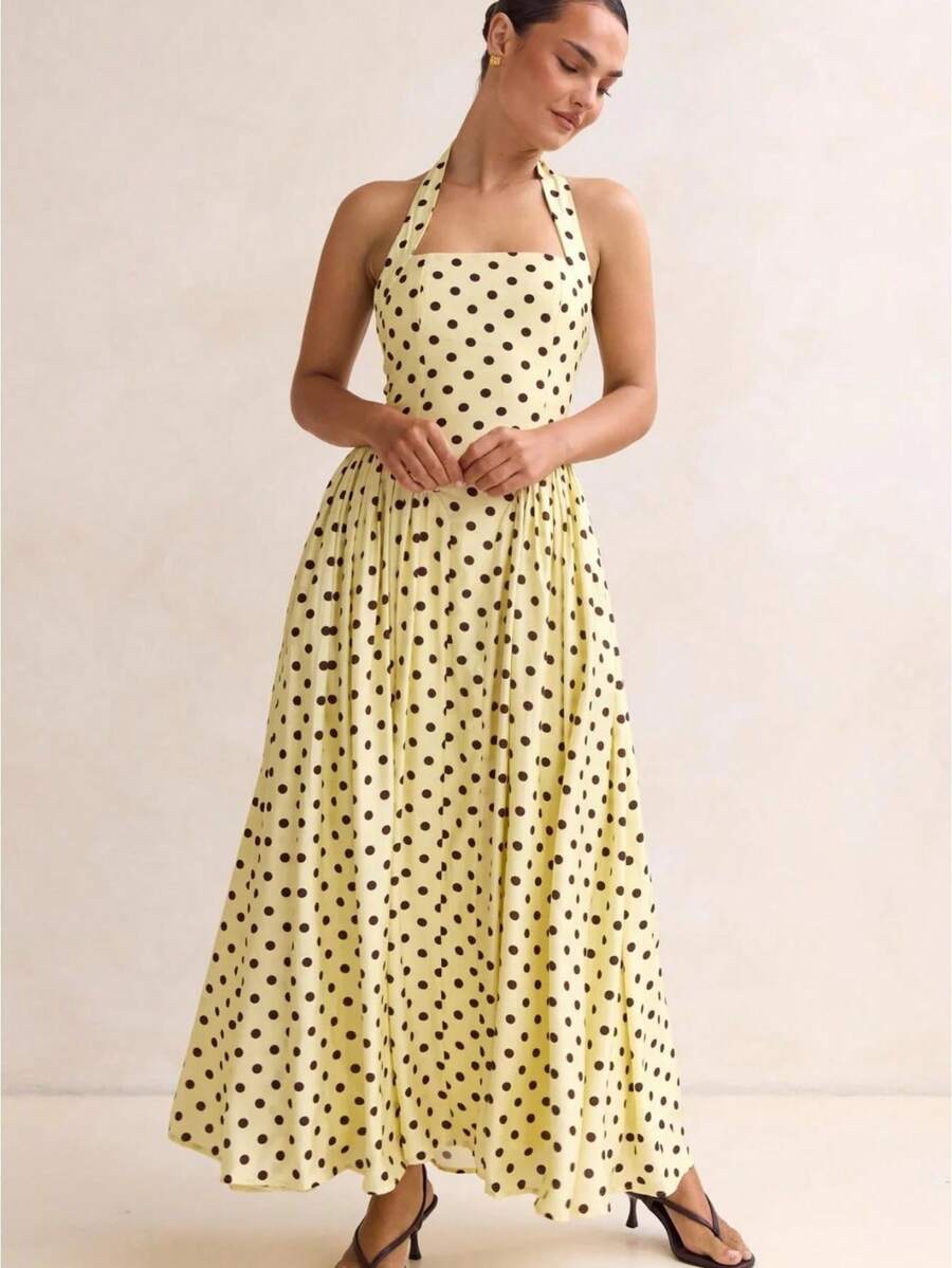 Women's Bohemian Style Halter Neck Backless Long Dress, With A Flowing A-Line Design, Perfect For Casual Summer Vacations, Parties, And Elegant Occasions. - 黃色 - 查看 1