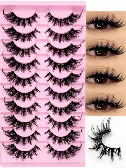 Rikuaild 10 Pairs Cat Eye Eyelashes Fluffy Lashes Clear Band False Eyelashes Soft Faux Mink Lashes End Eye Elongated Crossed Natural Lashes Eye Lashes Extension Reusable Makeup