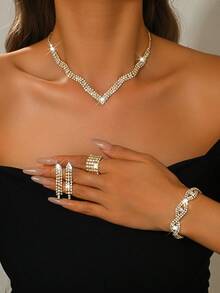 1pc V-Shaped Crystal Jewelry Set, Full Diamond Necklace, Earrings, Bracelet And Ring, Luxury Design, Formal Event Accessory, Gift For Valentine's Day/Mother's Day - Gold - View 8