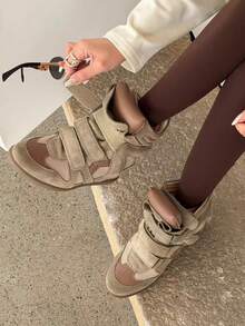 Women's Casual Colorblock Hook And Loop PU Leather Sneakers, Outdoor Casual Shoes For Spring And Autumn - Grey - View 4