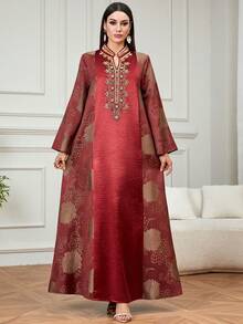 Solessence Áo Jalabiya dài thanh lịch dành cho nữ, thời trang, họa tiết jacquard ngẫu nhiên, đính cườm và thêu tinh tế, thích hợp cho lễ Eid, mặc hàng ngày và ở nhà vào mùa xuân. - Đỏ - Xem 3