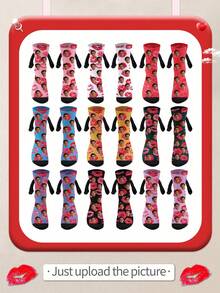 1 Pair Of Customized Face Children's Mid Tube Holding Hands Series Medium Socks, Put Any Face On The Socks, Personalized Socks With Photos, Interesting Customized Pictures With Medium Stockings, Suitable For Valentine's Day, Birthday, Gift Giving And Other Occasions, Personalized - Multicolor - View 2