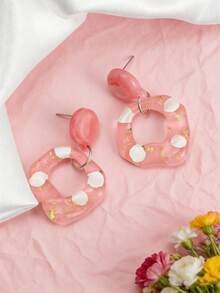 1 Pair Cute Pink Polka Dot & Gold Geometric Acrylic Earrings, Perfect Daily Accessory - Pink - View 4