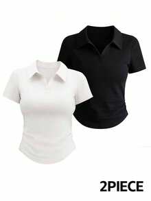 2件套Y2K风格黑白修身腰身性感甜美百搭休闲通勤度假女式短袖翻领T恤套装，春夏款 - 彩色 - 查看 4