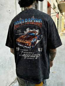Men's Fashionable Casual Street Style Rock Rap Singer Style Loose Washed Cotton Short-Sleeved T-Shirt | Racing Element Print | Exquisite Design | Spring And Summer Must-Have | Versatile And Easy To Wear, Showcasing Your Personal Style. - Black - View 1