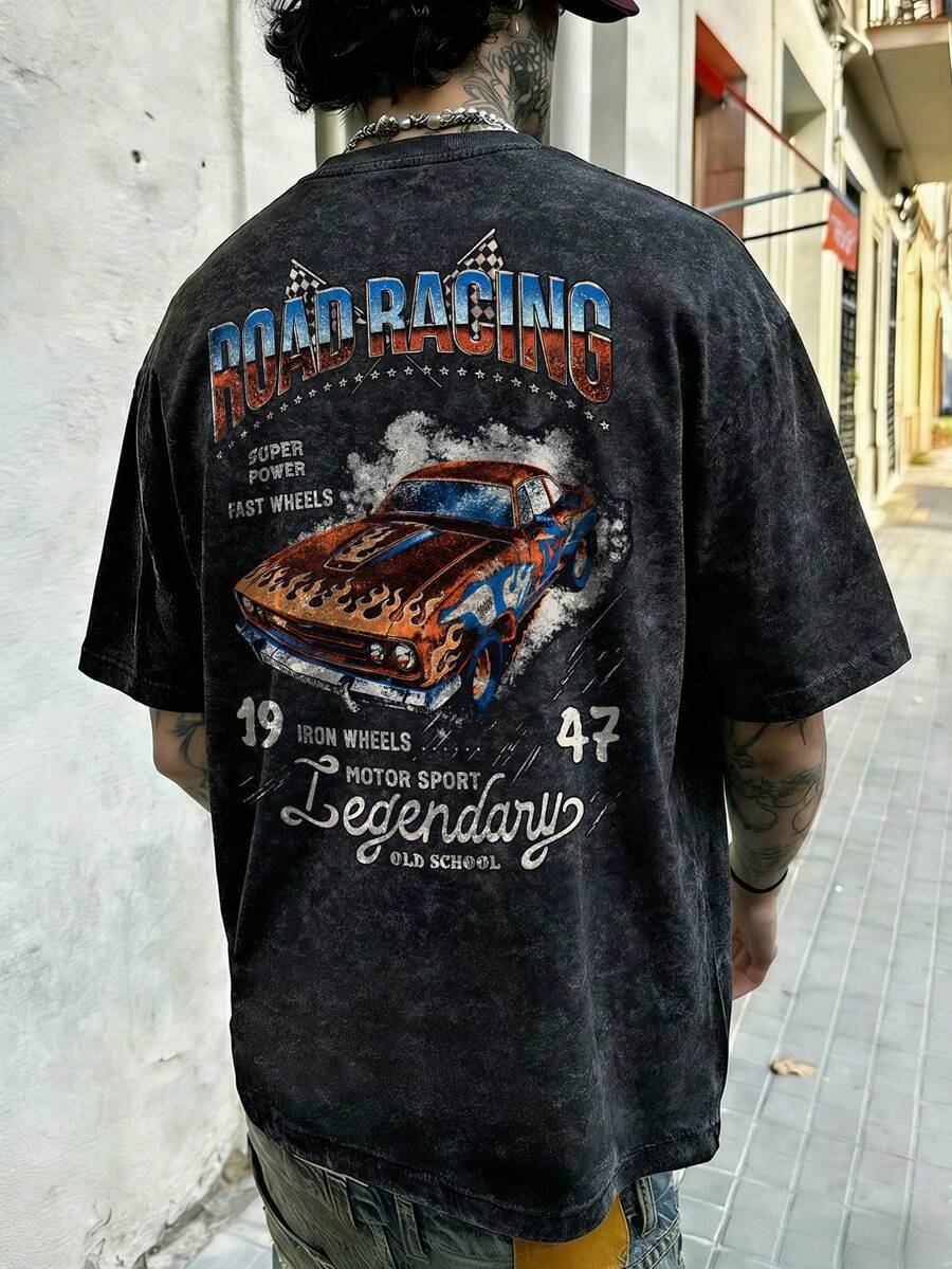 Men's Fashionable Casual Street Style Rock Rap Singer Style Loose Washed Cotton Short-Sleeved T-Shirt | Racing Element Print | Exquisite Design | Spring And Summer Must-Have | Versatile And Easy To Wear, Showcasing Your Personal Style. - Black - View 1