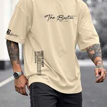 Men's Plus Size Casual Crew Neck T-Shirt With A Minimalist Design And Stylish Handwritten Fonts In Black Ink. - 杏色 - 查看 2