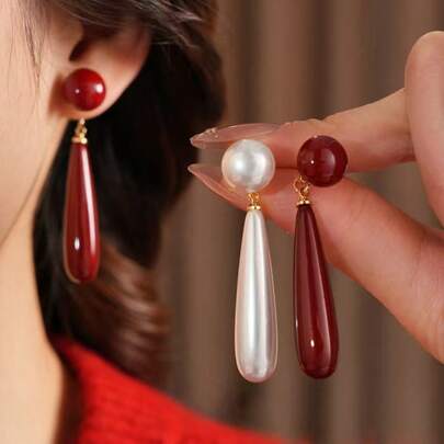 1 Pair Long Teardrop Faux Pearl Earrings, Suitable For Daily Matching, Women's Jewelry Earrings, Intellectual Beauty
