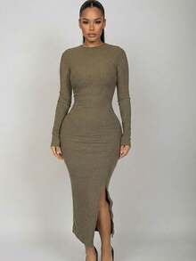 Sleek Women's Rib Knit Long Sleeve Maxi Dress Ruched Lettuce Trim Round Neck Asymmetrical Hem Bodycon Style - Olive - View 1