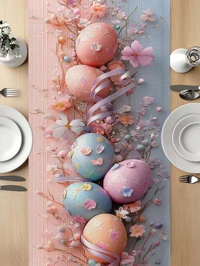 1 szt. bieżnik na stół z motywem kwiatowym i wielkanocnym | Wykonany z włókna poliestrowego, Delikatne odcienie kolorów, Odpowiedni na Wielkanoc, przyjęcia wiosenne, urodziny, wesela, rocznice, do domu, restauracji, kawiarni, kuchni, stołu jadalnego, stolika kawowego, bufetu, imprez, bankietów, pikników