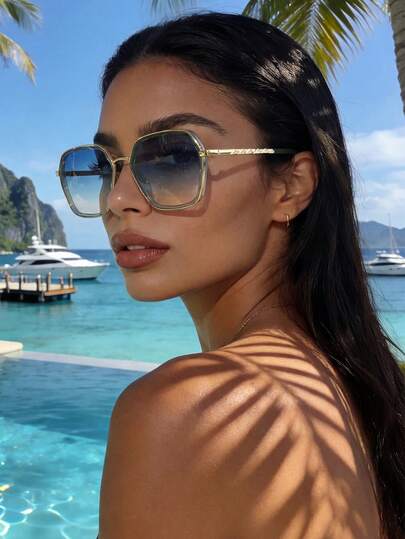 Women's Retro Elegant Square Large Frame Metal Fashion Sunglasses, Classic Style For Outdoor, Travel, Beach, Casual Wear, Summer Sun Protection, Driving, UV Protection