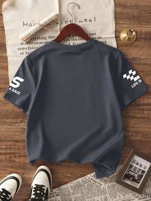 Teenage Girls' Racing Style Print Short Sleeve T-Shirt, Soft Round Neck Tee, Versatile Summer New Arrival Top - Dark Grey - View 4