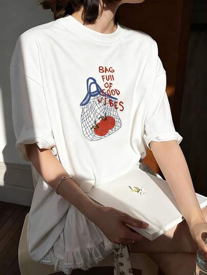 女士圆领短袖T恤，夏季新款番茄图案字母印花，时尚休闲百搭宽松上衣