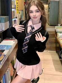 1pc Retro School Style Cosplay Outfit, Contrast Color 2 In 1 Long Sleeve Dress + Tie Student Uniform Set, Suitable For Graduation Photos, Bar/Club Parties, Dates, Valentine's Day - Black - View 15