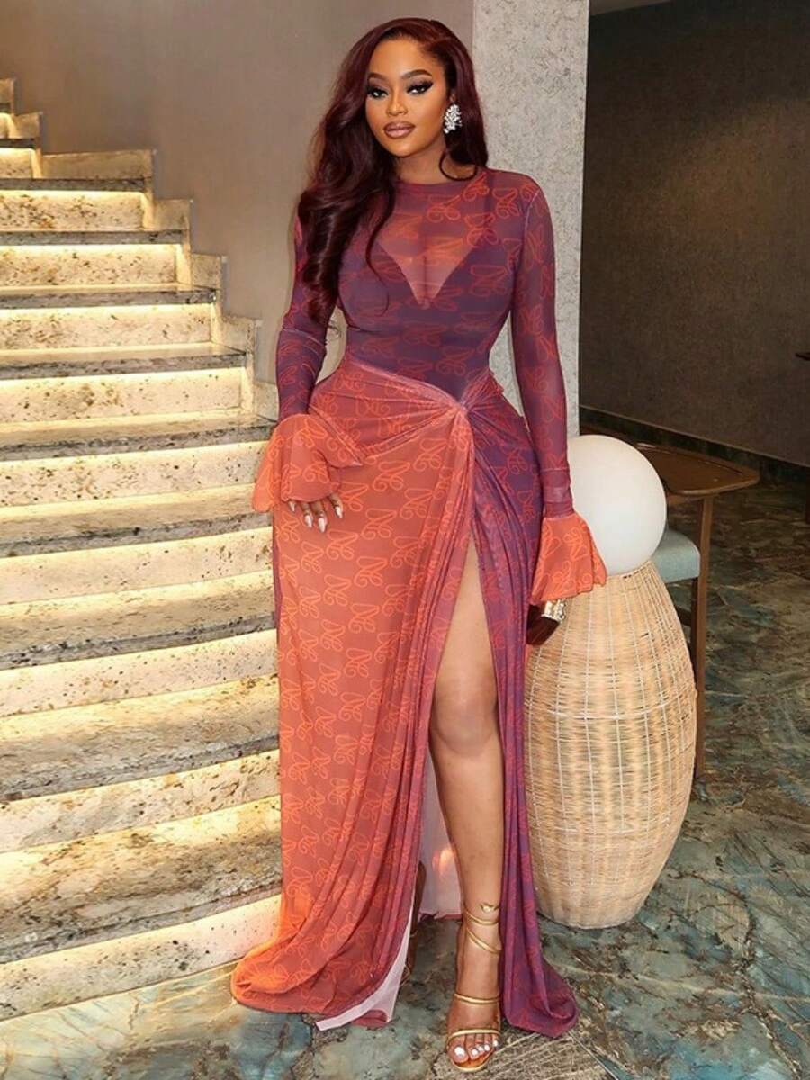 Women's Jumpsuit Skirt 2026 Spring New Slim Women's Clothing Light And Thin Transparent Hip Irregular Skirt Round Neck Pleated Long-Sleeved Dress - 磚紅色 - 查看 1