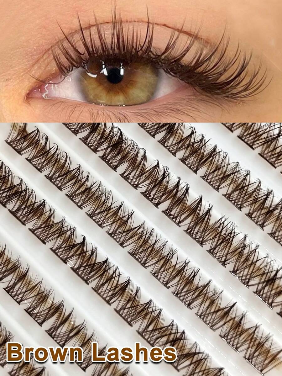Asiteo 120Pcs D Curl Brown Clusters Lashes Crossed Wispy Fluffy Soft Eyelashes Daily Natural Look False Eyelashes Suitable For Travel Vocation Beach Parties Gifts - D - View 1