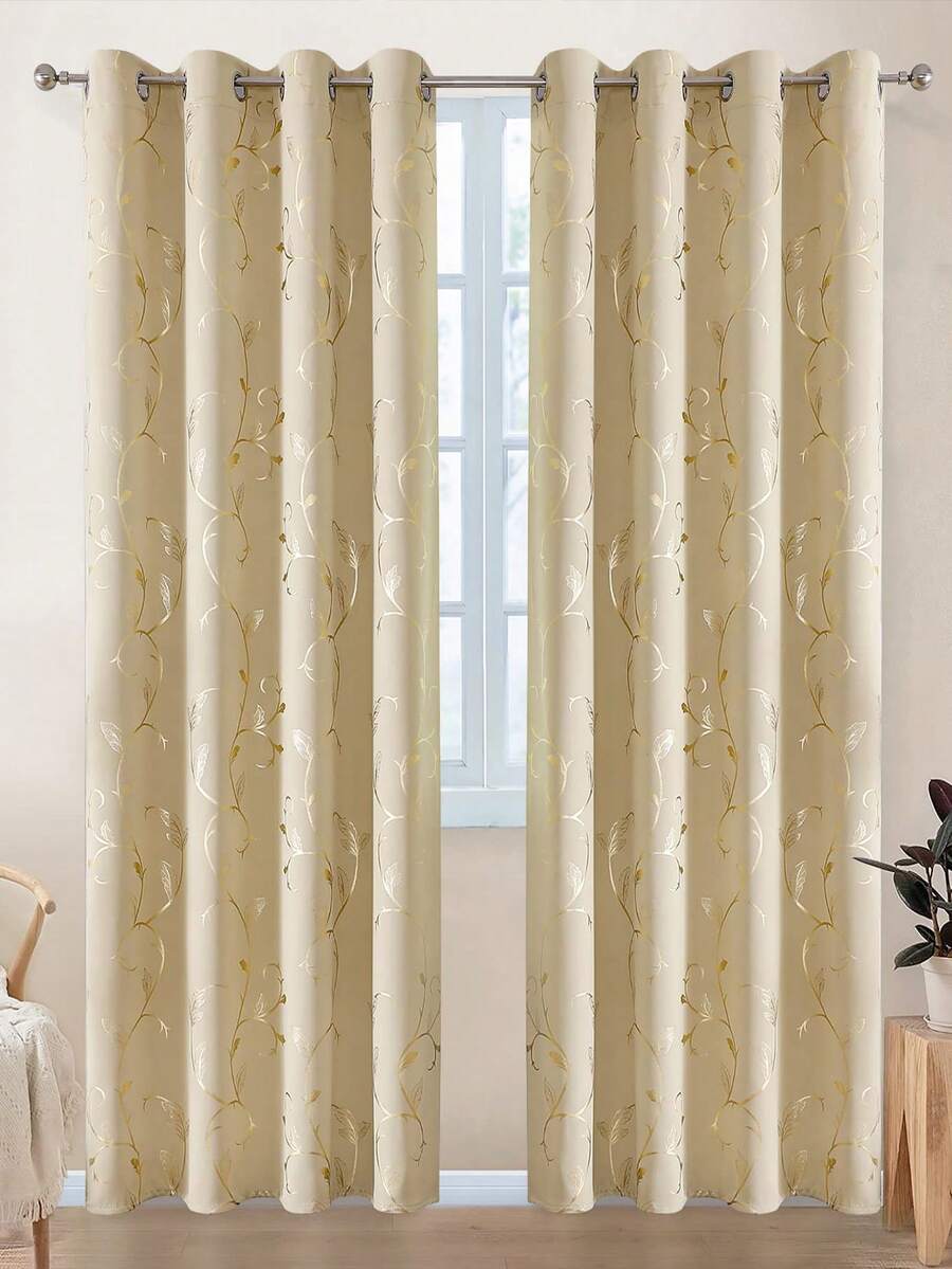 1件柔软顺滑面料金色藤蔓装饰窗帘，便携式三层加厚遮光窗帘，金色叶藤设计，适用于卧室和客厅 - 香檳色 - 查看 1