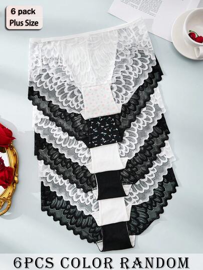 APRSEA 6pcs/Pack Plus Size Women Sexy Lace Floral Print High Waist Panties, Black & White