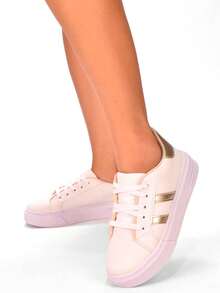 Tenis Casual Branco com Dourado Feminino  Macio Lançamento Original - Branco - Visão 1