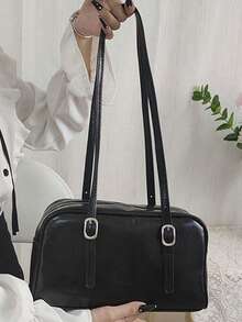 Vintage Black Patent Leather Crossbody Bag With Silver Buckle Detail, Retro Bowling Bag For Women, Y2K Aesthetic Shoulder Purse, Spacious Medium-Sized Handbag For Daily Commute & Casual Outings, Glossy PU Leather Adjustable Strap Tote, Perfect For School, Work & Weekend Errands, Easy To Match With Oversized Shirts & Jeans. - Black - View 5