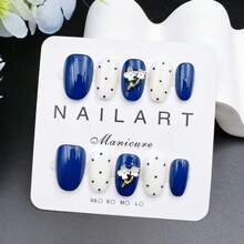 10pcs Set Of Handmade Nail Stickers, Navy Blue Almond Shape, Beautiful Fragrance Style French Manicure Stickers, Matte Nail Stickers - Navy Blue - View 13