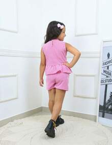 Children's Striped Set: Peplum Top With Bows + Striped Shorts - Hot Pink - View 4