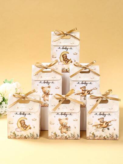 6pcs Brown Bear Gift Boxes With Ribbon, Baby Shower Party Gift Box, Gender Reveal Party Gift Packaging Boxes, Baby Party Supplies Favors, Gift Wrapping Box For Birthday, 1st Birthday Party Favor