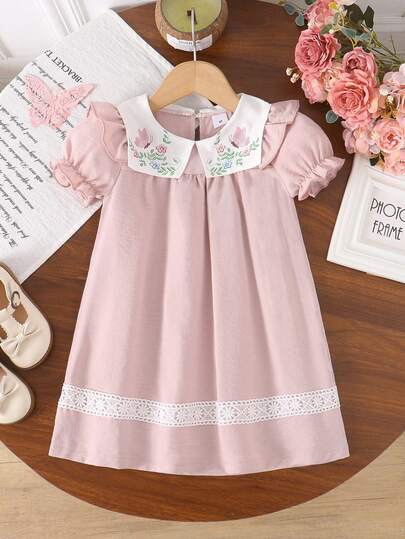 1pc Girls Casual Butterfly & Flower Print Soft Comfortable Woven Fabric Ruffle Hem Short Sleeve Mid-Length Dress, Suitable For Outdoor Wear, Spring/Summer
