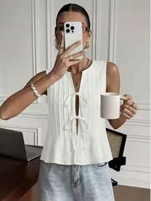 Áo nữ không tay cổ tròn màu trơn thanh lịch, thích hợp mặc hàng ngày, đi biển, chụp ảnh, hẹn hò, nghỉ lễ. - trắng - Xem 3