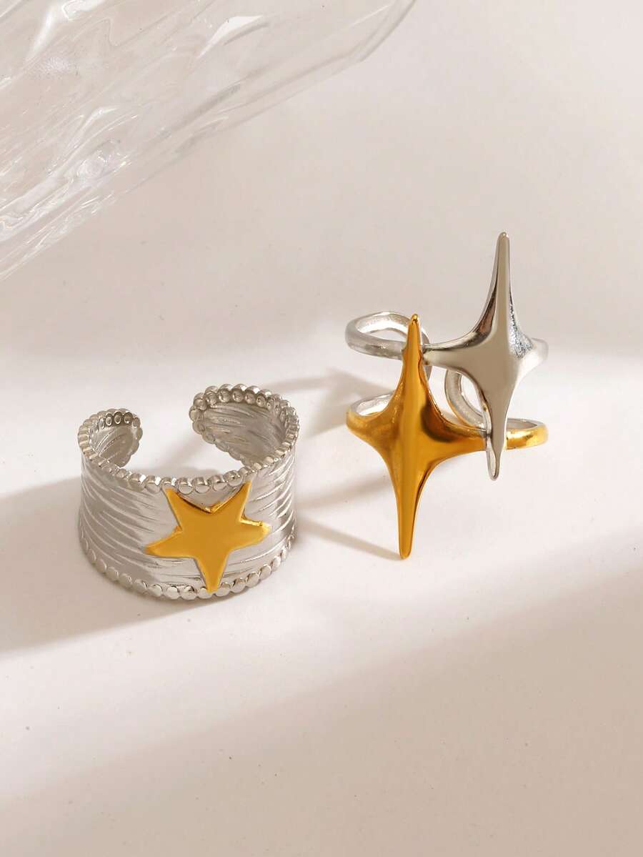 2pcs/Set Stainless Steel 18K Gold Plated Dual-Tone Star Rings Set, Suitable For Women's Daily, Party Wear, Holiday Gift - Multicolor - View 1