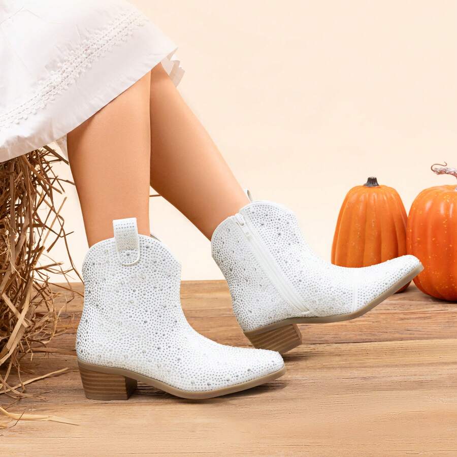 Girls Cowgirl Cowboy Rhinestone Boots Ankle Low Heel Dress Booties - Đen và trắng - Xem 1