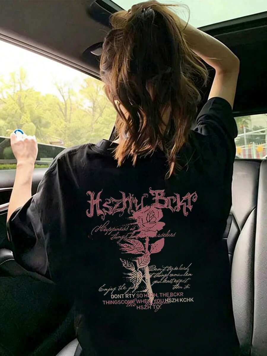 女士夏季宽松圆领T恤，字母和玫瑰花印花，百搭 - 黑色 - 查看 1