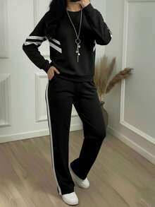 女士条纹印花长袖棕色上衣外套搭配休闲直筒裤套装，弹性面料，百搭春季穿搭，两件套，黑色 - 黑色 - 查看 2