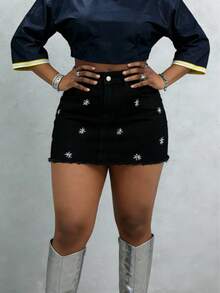 Women's Floral Embroidered Denim Mini Skirt, Summer - Black - View 2