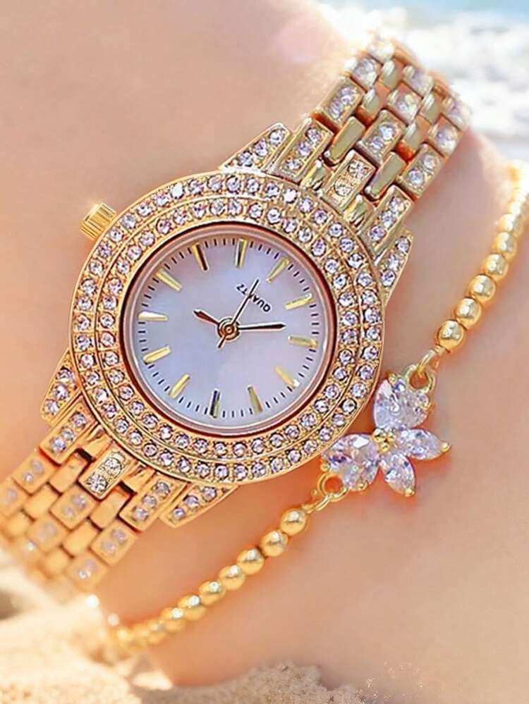 Montre Cœur Quartz Pour Femme - 2 Pièces, Bracelet Rose, Strass Et Diamants, Neuf Avec étiquettes