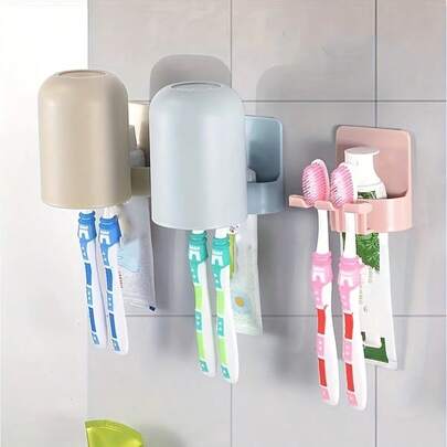 No Drill Self-Adhesive Wall Mounted Toothbrush & Toothpaste Holder - Space-Saving Bathroom Organizer, No Drilling Required, Suitable For Countertops, Bathtubs And Shower Areas. Made Of Durable, Hygienic Plastic (Ideal For Rental Homes And Small Apartments).