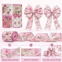 4 Rolls Pink Floral Decorative Ribbon Set - 2.5 Inches Wide, 20 Yards Total Length - Pink & White Vintage Rose Pattern Satin Ribbon, Suitable For Crafting, Spring & Floral Decor, Mother's Day Gift - Multicolor - View 2
