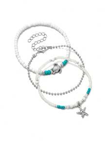 3件套海洋沙滩风弹力串珠多层海星海龟吊坠脚链，时尚女士夏季休闲度假日常佩戴 - 彩色 - 查看 5