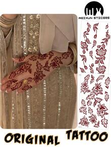 2 Sheets Full Hand Flower Design Brown Red Maroon Sexy Foot Finger Hand Tattoo Stickers Women Flower Henna Tattoo Stickers Flower Waterproof Stickers Brown Tattoo Stickers Women Body Art Stickers Wedding Party Brown Red Tattoo Stickers - Red - View 9