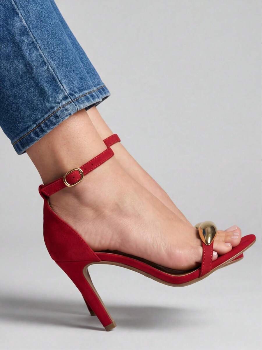 Sandália Feminina Salto Alto Fino Detalhe Dourado P130 - Vermelho - Visão 1