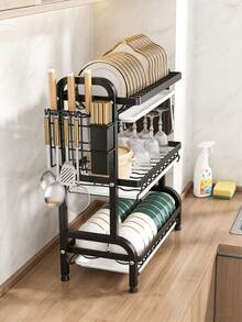 3-Tier Over Sink Heavy Duty Stainless Steel Dish Drying Rack, Rustproof Extra-Large Capacity Non-Slip Kitchen Counter Organizer, Removable Drainboard With Utensil Knife Cup Cutting Board Holder, Space-Saving Easy To Clean Kitchen Orangizer | Organozador Cocina Kitchen Essentials - Màu đen (Phiên bản dày hơn) - Xem 2