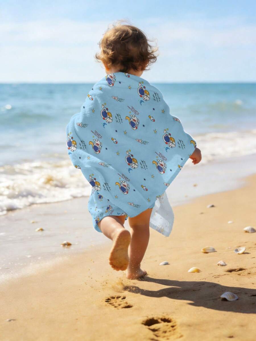 1PC Baby Beach Towel, Blue Cartoon Astronaut Beach Towel, Made Of Polyester Material With Digital Printing, Suitable For Babies, Beaches, Bathrooms, Facial Cleansers, Swimming Pools, Gifts. - Multicolor - View 1