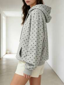 Womens Sweatshirt Drawstring Hoodies Long Sleeve Dot Print Oversized Hooded Pullover Sweatshirt Tops With Pocket - Grey - View 5